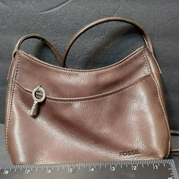 Fossil Leather Crossbody Bag With Key Charm Zippered Pockets, Small Brown Purse - Picture 5 of 9